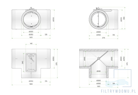 PEFLEX EPS 2.0 – trójnik z przepustnicą regulacyjną Ø160/Ø200 mm – wymiary